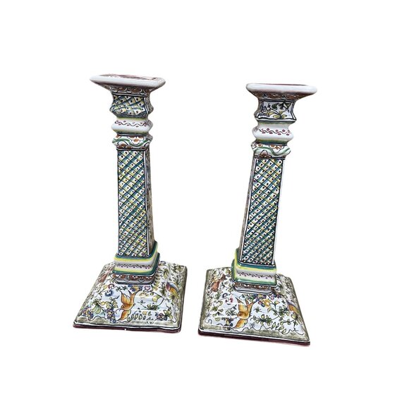Portugal Pair folk art nature 13" tall column square candle holders SKU 9600 - Picture 2 of 12